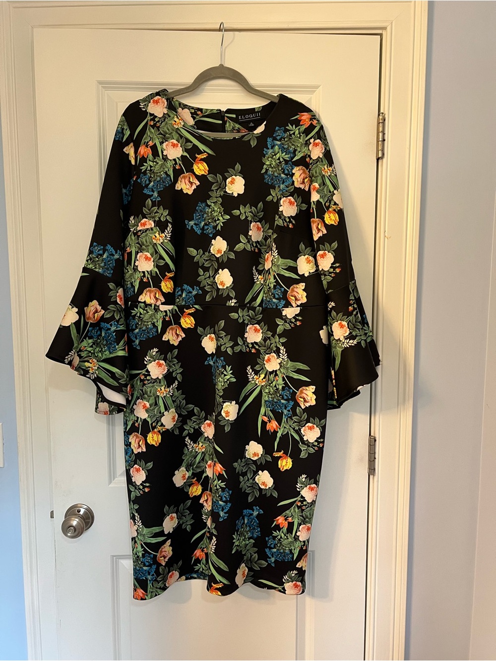 Eloquii Black Floral Bell-Sleeve Dress scuba cocktail ceremony wedding guest